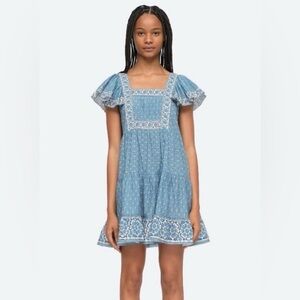 Sea New York Fernanda Tile Print Flutter Sleeve Dress in Blue L NWOT